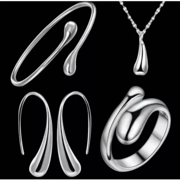 925 Sterling Silver Waterdrop Jewelry Set Bracelet Necklace Earrings and Ring - Picture 6 of 16